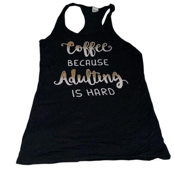 Color Bear Womens Black Racerback Tank Top "Coffee Because Adulting Is Hard" Gra - Picture 1 of 6